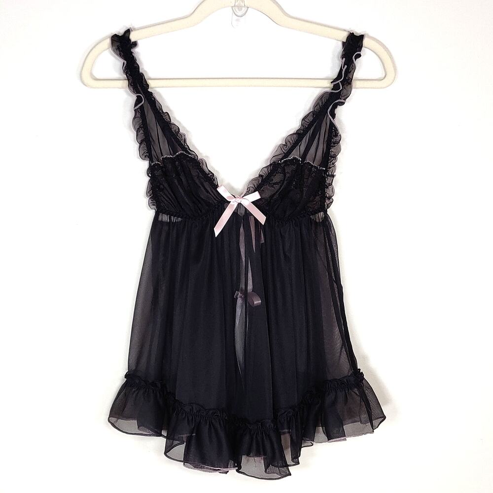 Victoria's Secret Sheer Mesh Babydoll Nightie Pink Bow Black S Coquette